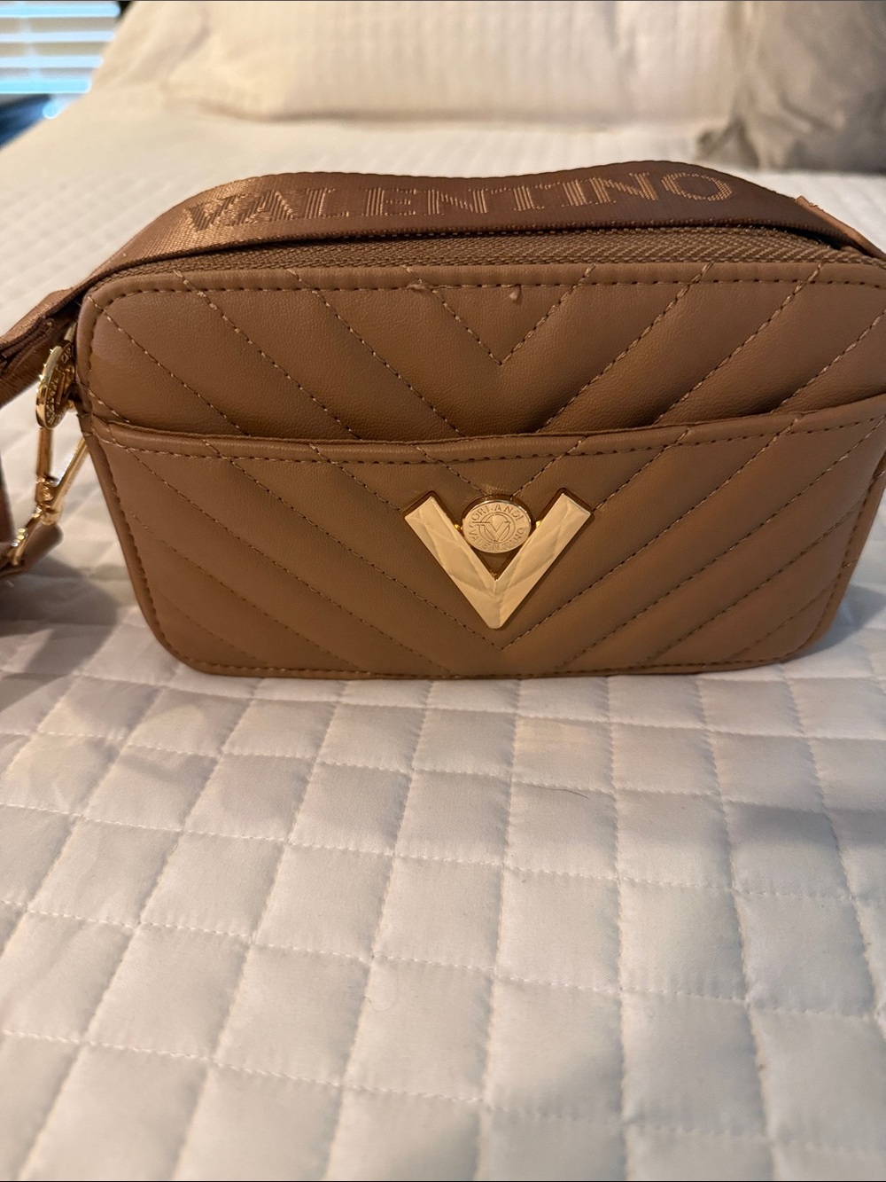 Valentino Garavani Brown Quilted Crossbody with Gold V Plaque